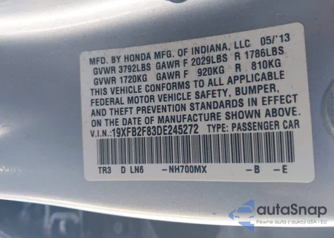 2013 Honda Civic Ex from USA, damaged, VIN 19XFB2F83DE245272